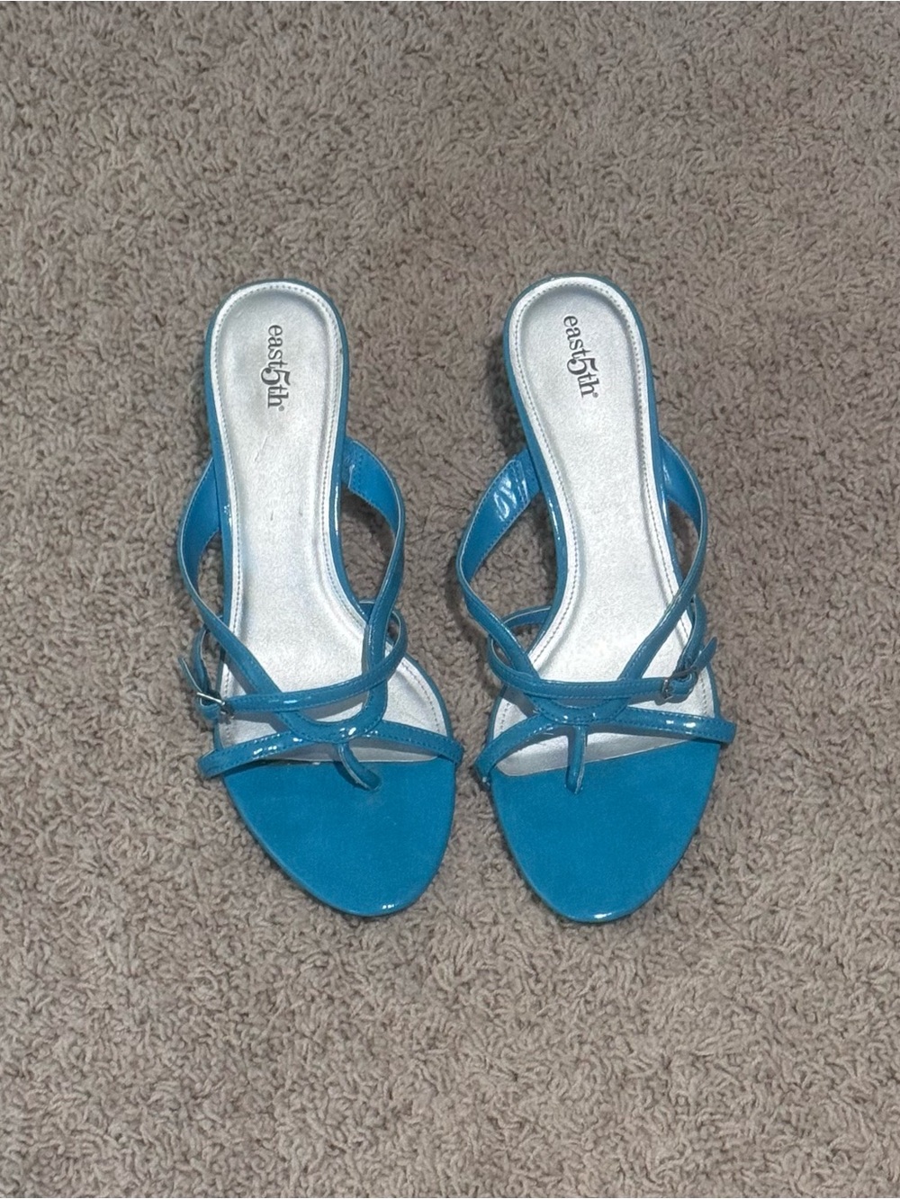 East 5th Teal, Bright Blue Strappy Kitten Heel Mule Sandals